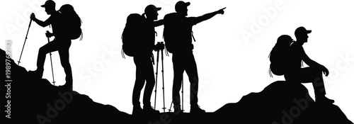 Hiking and Mountaineering Silhouette Set Featuring Diverse Group of Travelers with Backpacks and Trekking Poles Climbing Mountain Peaks for Outdoor Adventure and Active Lifestyle Vector Illustration