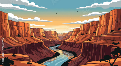 Majestic Canyon Landscape with River at Sunset