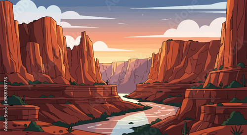 Pixel Art Grand Canyon Sunset with River and Dramatic Cliffs