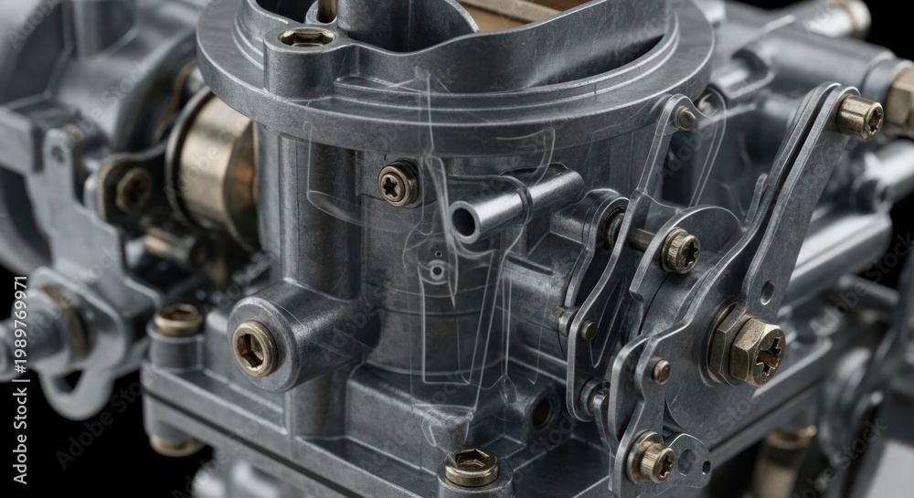 Fototapeta premium Close-up detailed view of a vintage automotive carburetor on a black background.