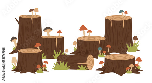 Group of brown tree stumps in a forest clearing are surrounded by various wild mushrooms and green grass patches in a natural woodland scene.