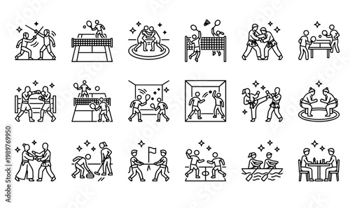 Simple line two player sports and games icon set, pair activity outline vector icons