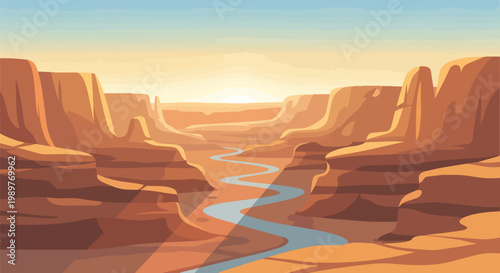 Desert Canyon Landscape at Sunset with Winding River