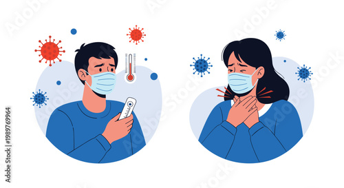 Man and woman wearing medical face masks show symptoms of illness like fever and coughing while surrounded by virus particles in the air.
