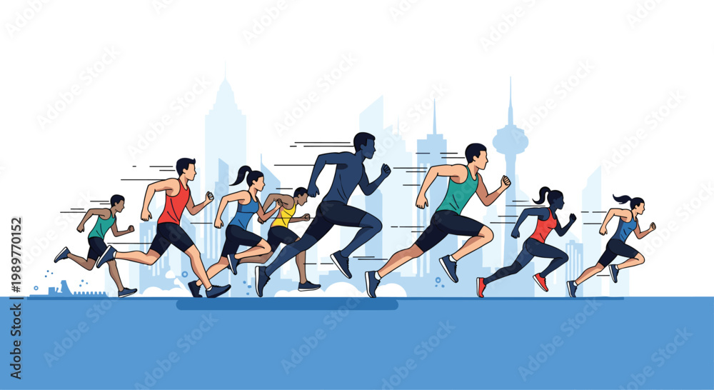 Fototapeta premium Group of diverse athletes compete in a city marathon running together along a blue path with a silhouette of urban skyscrapers in background.