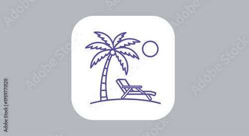 Minimalist icon design of a palm tree and a beach lounge chair under the sun on a white rounded square button for holiday and travel app.