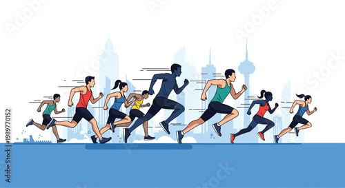 Group of diverse athletes compete in a city marathon running together along a blue path with a silhouette of urban skyscrapers in background.