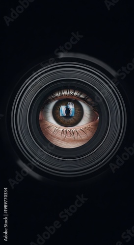 Human eye stares intently through the dark opening of a camera lens