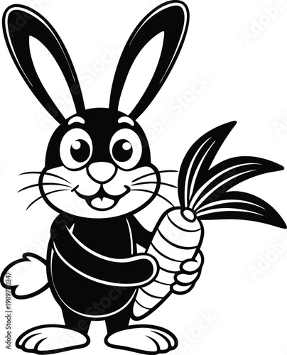 A cute cartoon rabbit stands happily holding a fresh carrot in its left hand