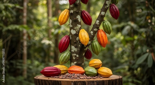 Cacao pods on a tree a harvest of chocolate's origin