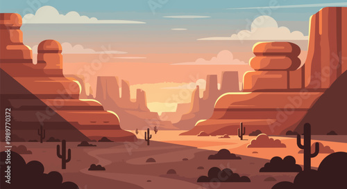 Desert Canyon Landscape at Sunset, Wild West Scenery with Cacti