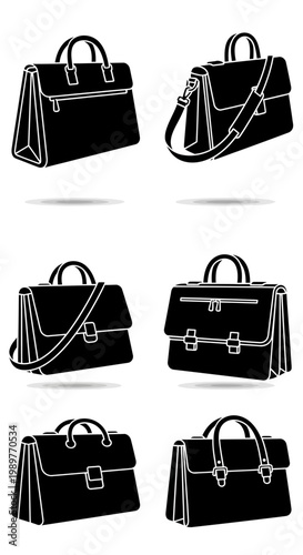 Set of Black Briefcase Icons, Business Bag Silhouettes, Professional Luggage Vector Graphics