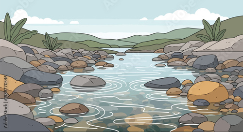 Serene Mountain River Flowing Through Rocky Banks with Lush Greenery and Rolling Hills