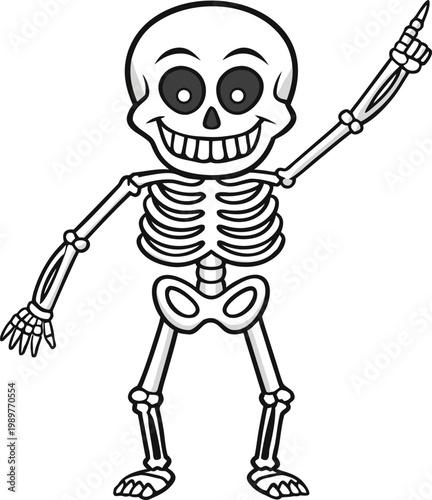 A friendly cartoon skeleton character with a big smile enthusiastically points its finger upwards