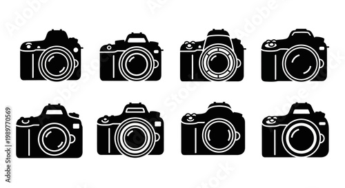 Set of Black Silhouette DSLR Camera Icons: Modern Photography Equipment Collection