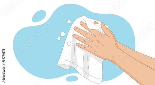 Human hands using a white cloth to wipe and clean a surface with soap bubbles or water droplets in a bright blue background.