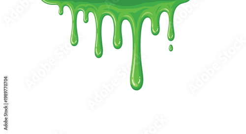 Bright green viscous slime or toxic liquid dripping down from the top edge of the frame against a clean white background.