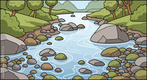 Cartoon River with Rocks and Trees, Nature Landscape