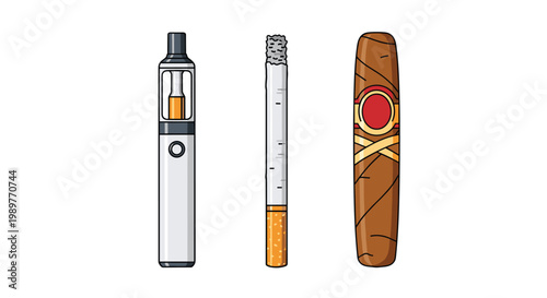 Three types of smoking devices including a modern white electronic vaporizer, a classic cigarette, and a brown rolled cigar.