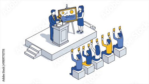 Professional Isometric Illustration of a Live Fine Art Auction Event with Bidders and Auctioneer