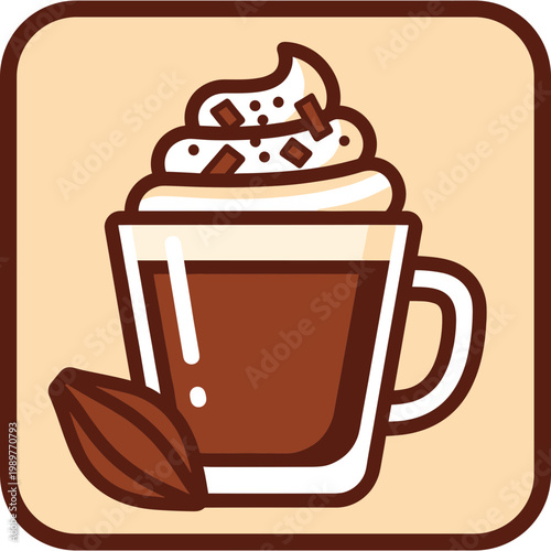 A steaming cup of coffee with whipped cream and cocoa beans on a table