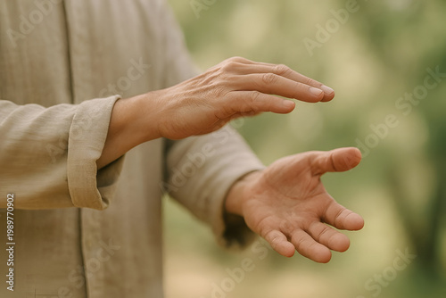 Close up of hands practicing Tai Chi movements outdoors highlighting mindfulness balance meditation energy flow and holistic wellness concept in natural setting