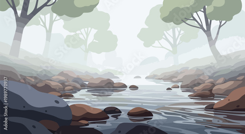 Misty Forest Stream with Rocks and Trees, Pixel Art Landscape
