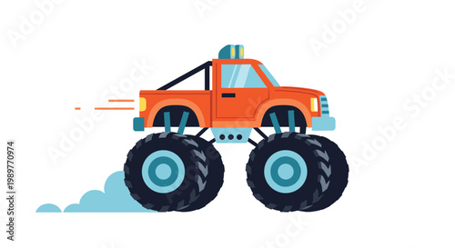 Powerful orange monster truck with massive tires driving fast across a white background with dust or smoke trailing behind.