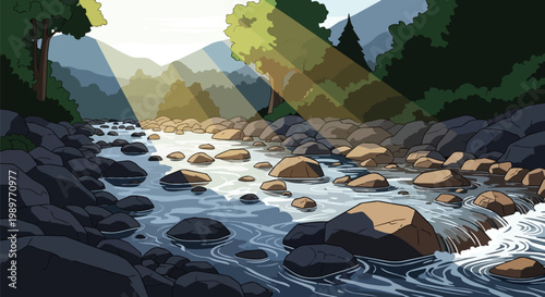 Sunbeams illuminating a rocky river in a forest landscape