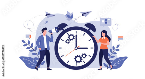 Business team standing next to a giant alarm clock with gear icons and a megaphone representing time management and deadlines.