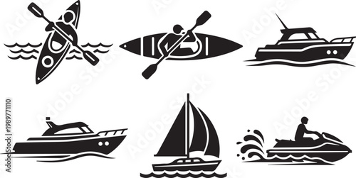 Boat and Watercraft Vector Icon Set: Kayak, Yacht, and Sailboat