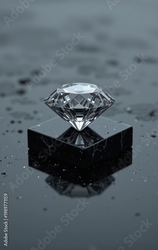 Glistening faceted diamond resting elegantly on a sleek dark marble block, reflecting light with scattered droplets on a sophisticated surface