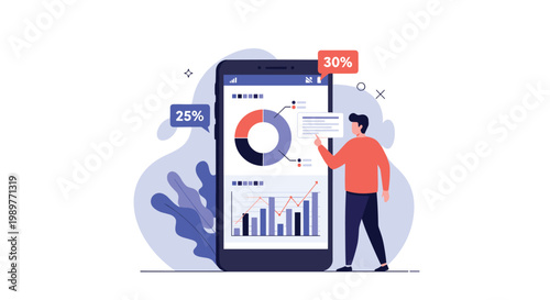 Modern professional analyzing business data and financial statistics on a large smartphone screen with interactive charts.