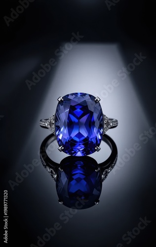 Exquisite Deep Blue Gemstone Ring with Brilliant Facets and Sparkling Side Accents, Reflecting Elegance on a Polished Dark Surface