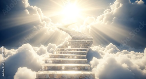 Marble stairway ascends through bright clouds toward a brilliant light source