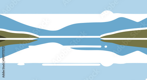 A serene and peaceful vector graphic of a lake with mountains