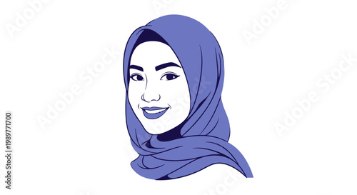 A smiling woman wearing a purple hijab in a minimalist vector illustration