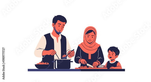 A happy Muslim family cooking together in a modern kitchen