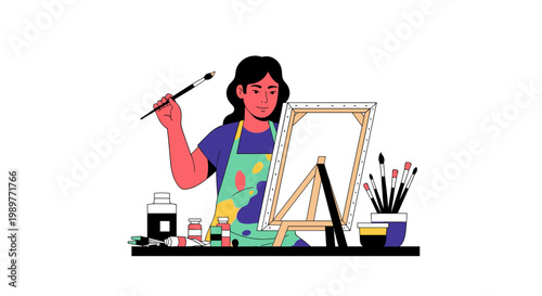 A woman artist painting on a canvas in a creative workspace