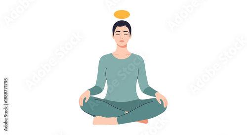 A serene woman meditating in a peaceful yoga pose with a halo