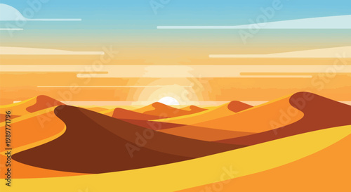 Desert Landscape at Sunrise with Sand Dunes and Clouds, Flat Design