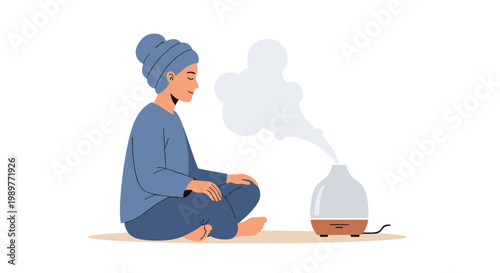 A serene woman meditates next to a steaming essential oil diffuser
