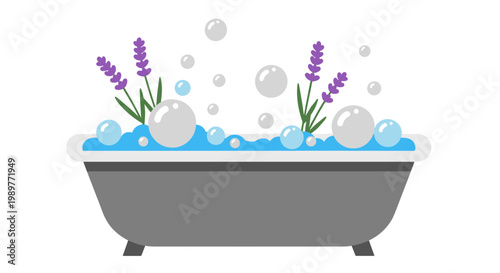 A minimalist vector illustration of a bathtub filled with bubbles and lavender