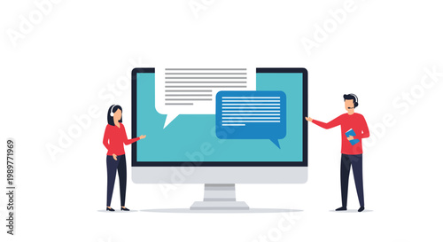 Two people standing next to a large desktop computer monitor displaying an online customer service chat conversation.