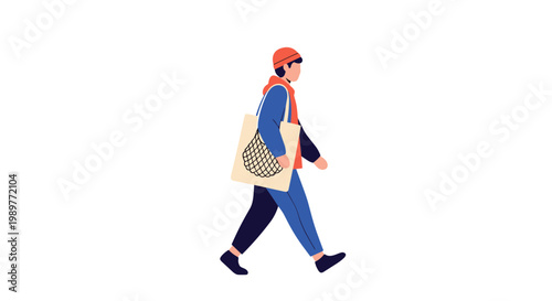 A vibrant illustration of a person walking with a bag and phone