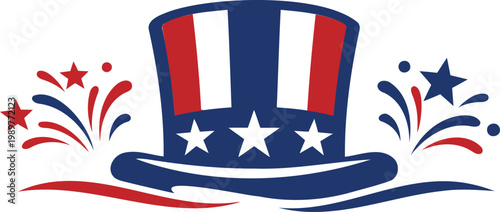 Uncle sam hat with stars and stripes and fireworks, patriotic design for independence day, 4th of july celebration, vector illustration