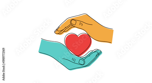 A vector graphic illustration of two hands holding a heart symbol