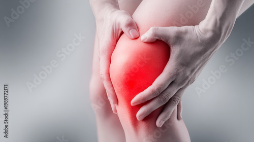 Pain in the knee joint with inflammation highlighted by red color on isolated background
