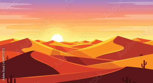 Desert landscape at sunset, sand dunes, cacti, warm colors, vector illustration