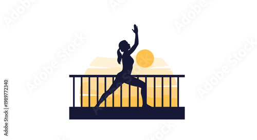 A yoga woman practicing on a balcony at sunset in a modern city